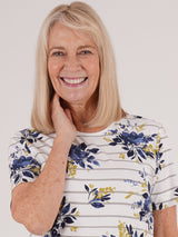 TIGI 10/12 Ivory Stripe Floral Short Sleeve Top - T25-31C