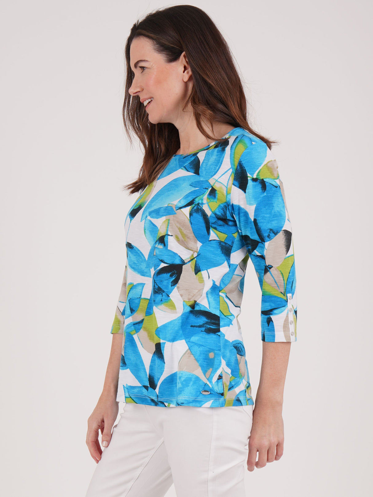 TIGI 10/12 Blue/Green Patch Leaf Print Top - T25-34B