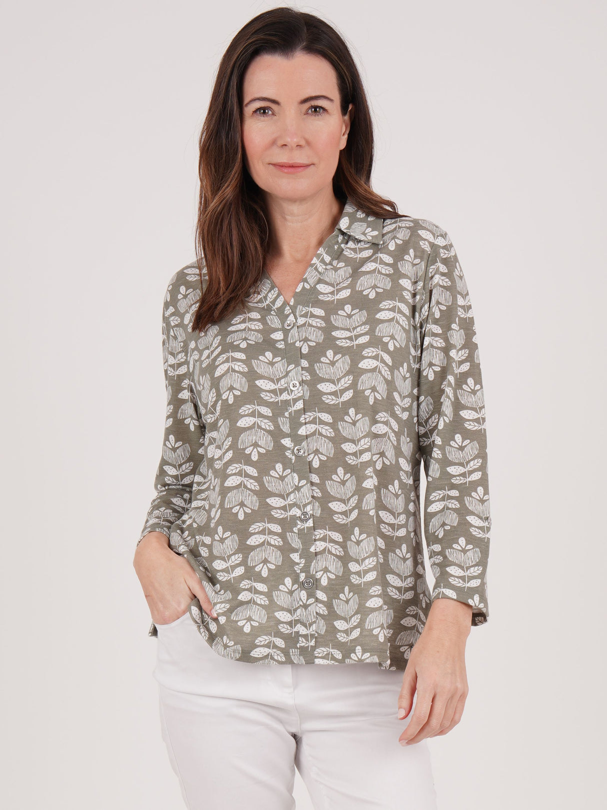 TIGI 14/16 Sage Green Mod-eco Leaf Print Shirt - T25-37D