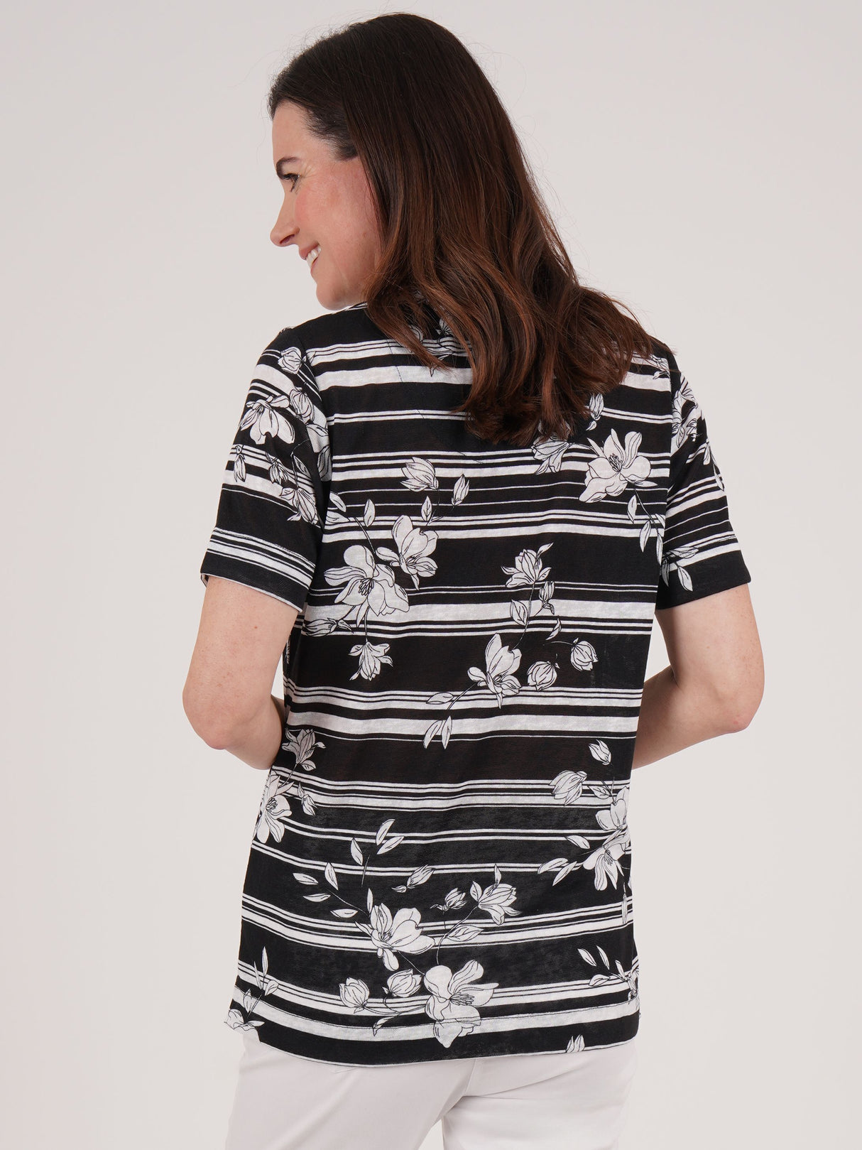 TIGI 10/12 Black Mono Stripe Floral Top - T25-38B