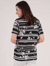TIGI 10/12 Black Mono Stripe Floral Top - T25-38B