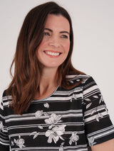 TIGI 10/12 Black Mono Stripe Floral Top - T25-38B