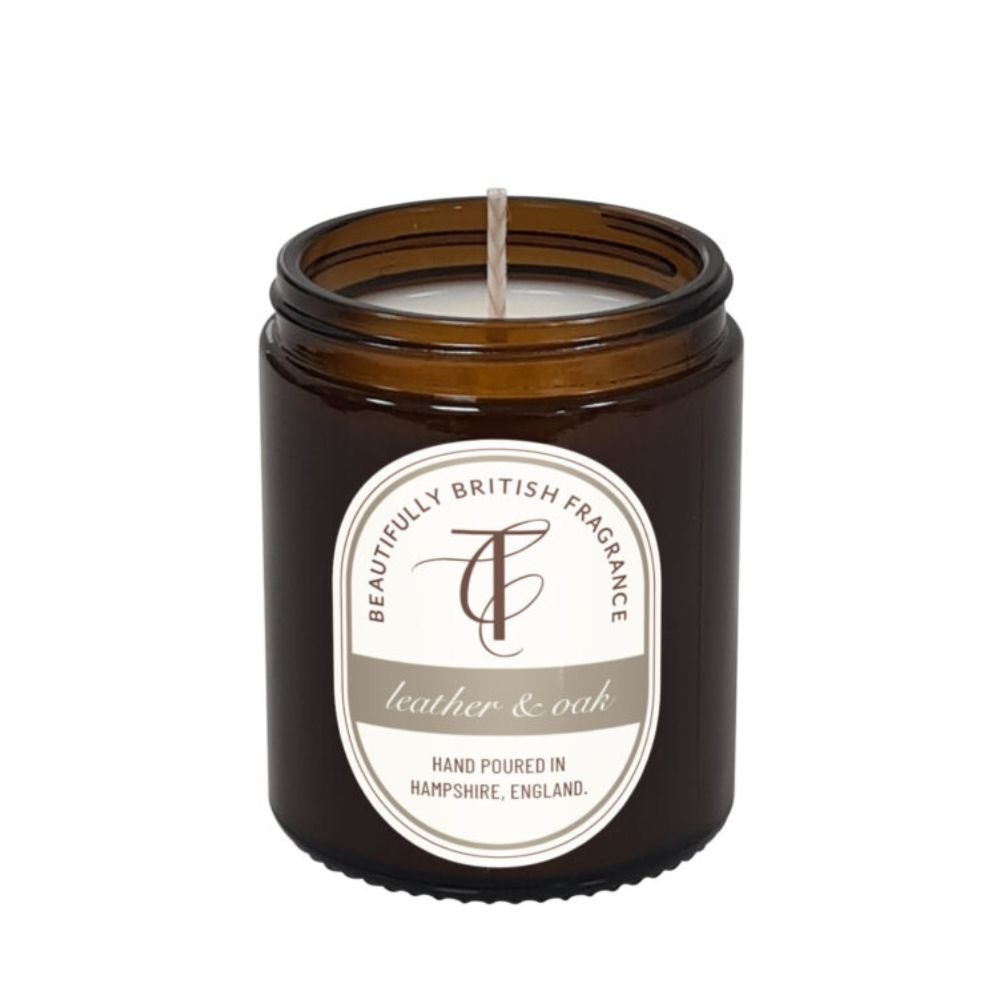 The Country Candle Co - Coast & Country Leather & Oak 150g Amber Glass Soy Wax Candle - Old Railway Line Garden Centre