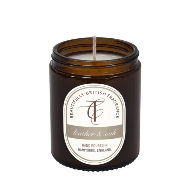 The Country Candle Co - Coast & Country Leather & Oak 150g Amber Glass Soy Wax Candle - Old Railway Line Garden Centre