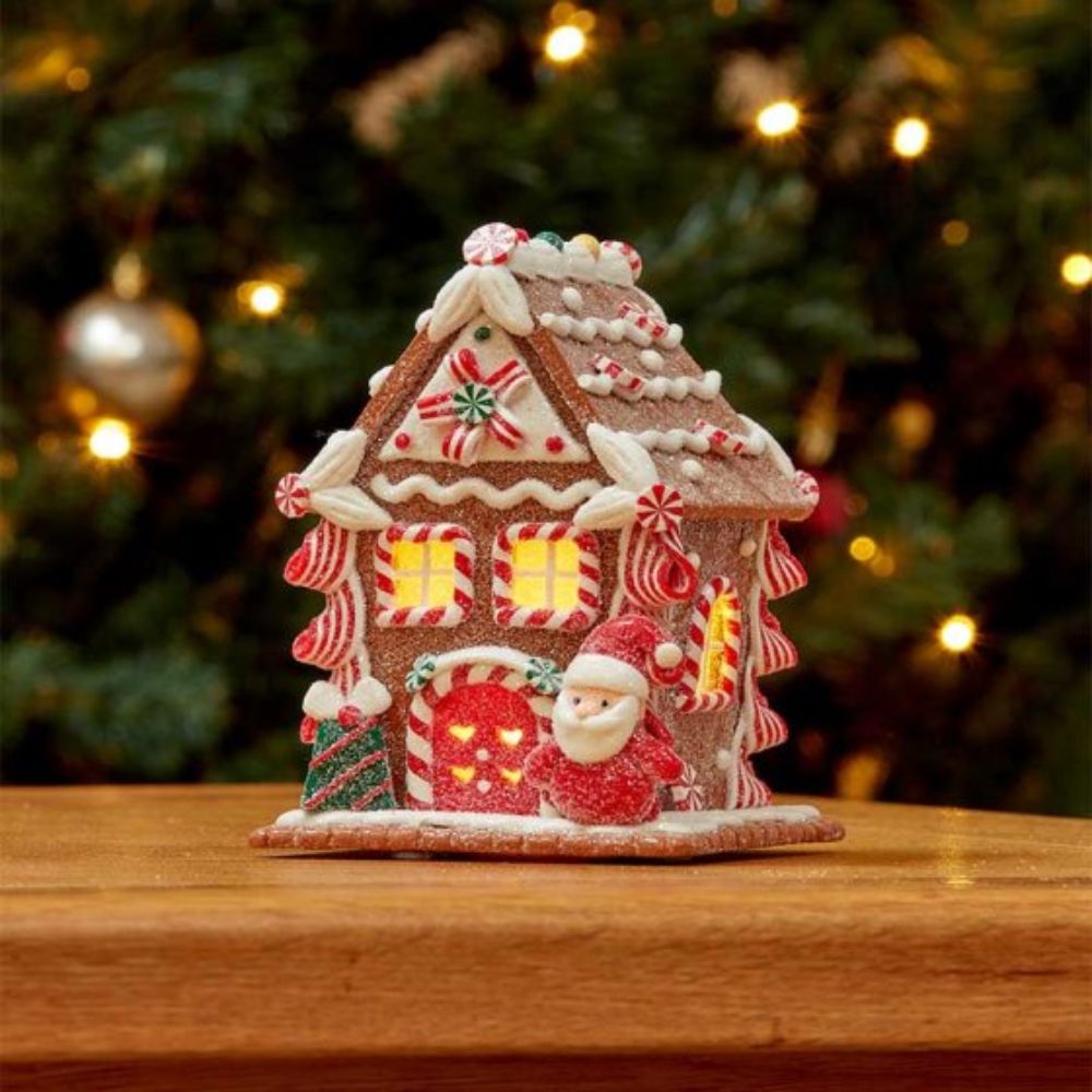 Three Kings 13cm LED Santa with Gingerbread Cottage Ornament