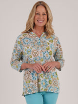 TIGI 10/12 Blue Mosaic Print Notch - neck Top - T25 - 42E - Old Railway Line Garden Centre