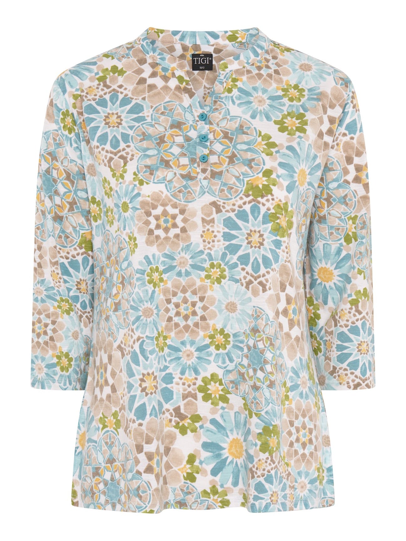 TIGI 10/12 Blue Mosaic Print Notch - neck Top - T25 - 42E - Old Railway Line Garden Centre