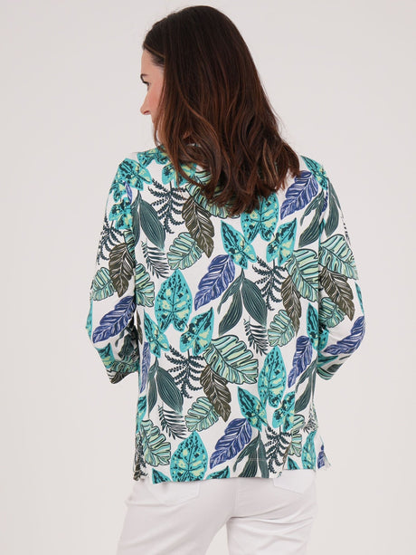 TIGI 10/12 Green Tropical Leaf Ruched Neckline Top - T25 - 37C - Old Railway Line Garden Centre
