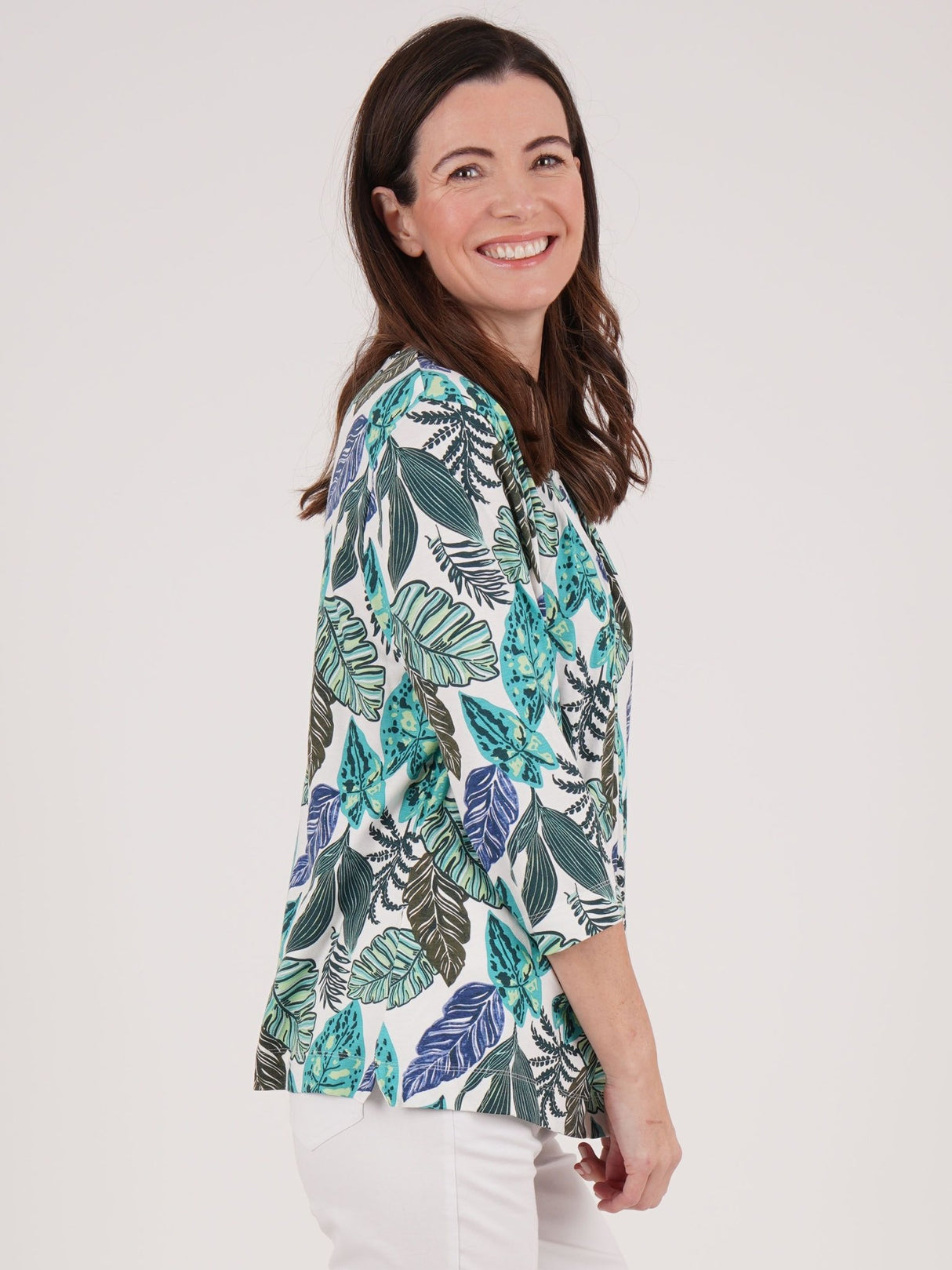 TIGI 10/12 Green Tropical Leaf Ruched Neckline Top - T25 - 37C - Old Railway Line Garden Centre