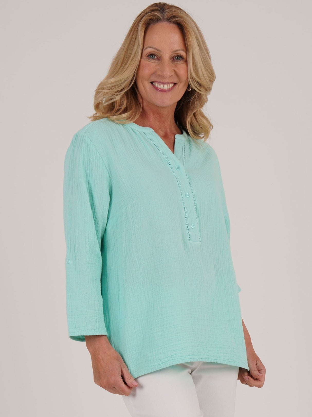 TIGI 10/12 Peppermint Double Weave Notch Neckline Top - T25 - 46E - Old Railway Line Garden Centre