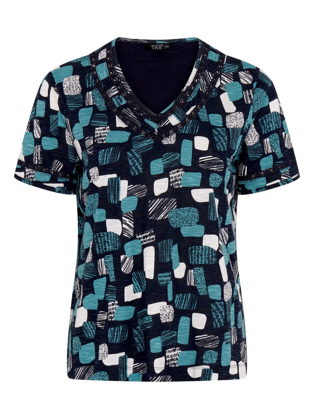 TIGI 10/12 Sea Green Mod Eco Print V Neck Top - T25 - 40C - Old Railway Line Garden Centre