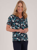 TIGI 10/12 Sea Green Mod Eco Print V Neck Top - T25 - 40C - Old Railway Line Garden Centre