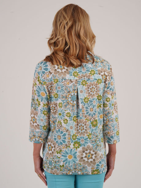 TIGI 14/16 Blue Mosaic Print Notch - neck Top - T25 - 42E - Old Railway Line Garden Centre