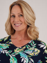 TIGI 14/16 Navy Rainforest All Over Print V Neck Top - T25 - 43A - Old Railway Line Garden Centre