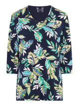 TIGI 14/16 Navy Rainforest All Over Print V Neck Top - T25 - 43A - Old Railway Line Garden Centre