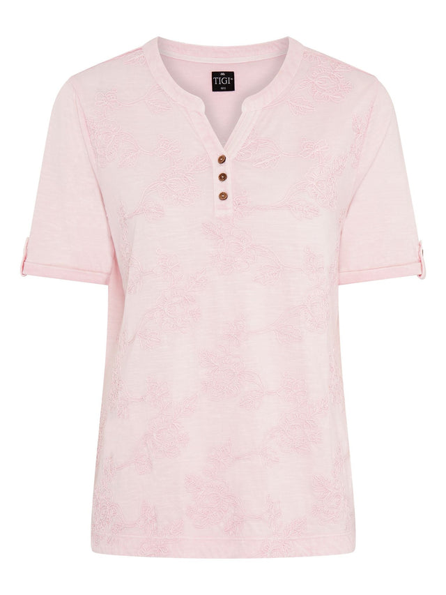 TIGI 14/16 Rose Pink Embroidered Notch Neckline Top - T25 - 38C - Old Railway Line Garden Centre