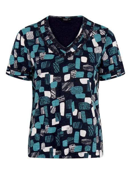 TIGI 14/16 Sea Green Mod Eco Print V Neck Top - T25 - 40C - Old Railway Line Garden Centre