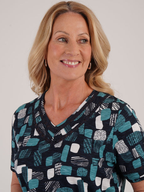 TIGI 14/16 Sea Green Mod Eco Print V Neck Top - T25 - 40C - Old Railway Line Garden Centre
