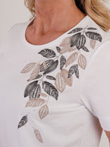 TIGI 14/16 White Crew Neck Leaf Print Placement Top - T25 - 42A - Old Railway Line Garden Centre