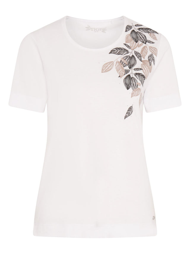 TIGI 14/16 White Crew Neck Leaf Print Placement Top - T25 - 42A - Old Railway Line Garden Centre