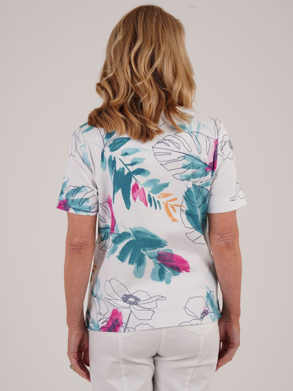 TIGI 14/16 White Sketch Palm Print Top - T25 - 43C - Old Railway Line Garden Centre