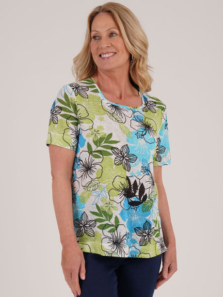 TIGI 18/20 Green Tropical Floral All - over Print Top - T25 - 42D - Old Railway Line Garden Centre