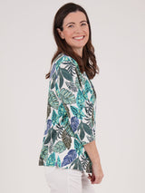 TIGI 18/20 Green Tropical Leaf Ruched Neckline Top - T25 - 37C - Old Railway Line Garden Centre