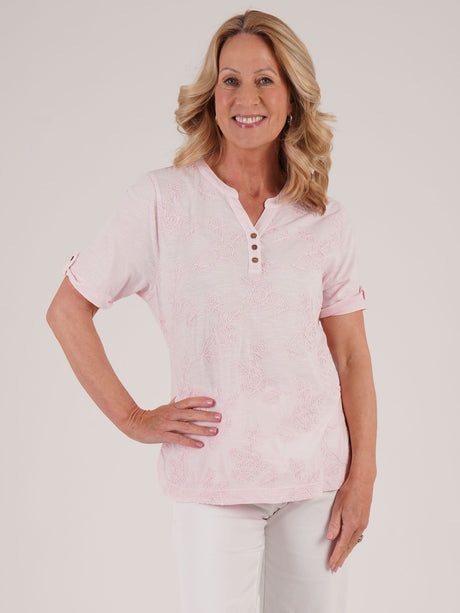 TIGI 18/20 Rose Pink Embroidered Notch Neckline Top - T25 - 38C - Old Railway Line Garden Centre