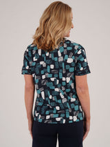 TIGI 18/20 Sea Green Mod Eco Print V Neck Top - T25 - 40C - Old Railway Line Garden Centre