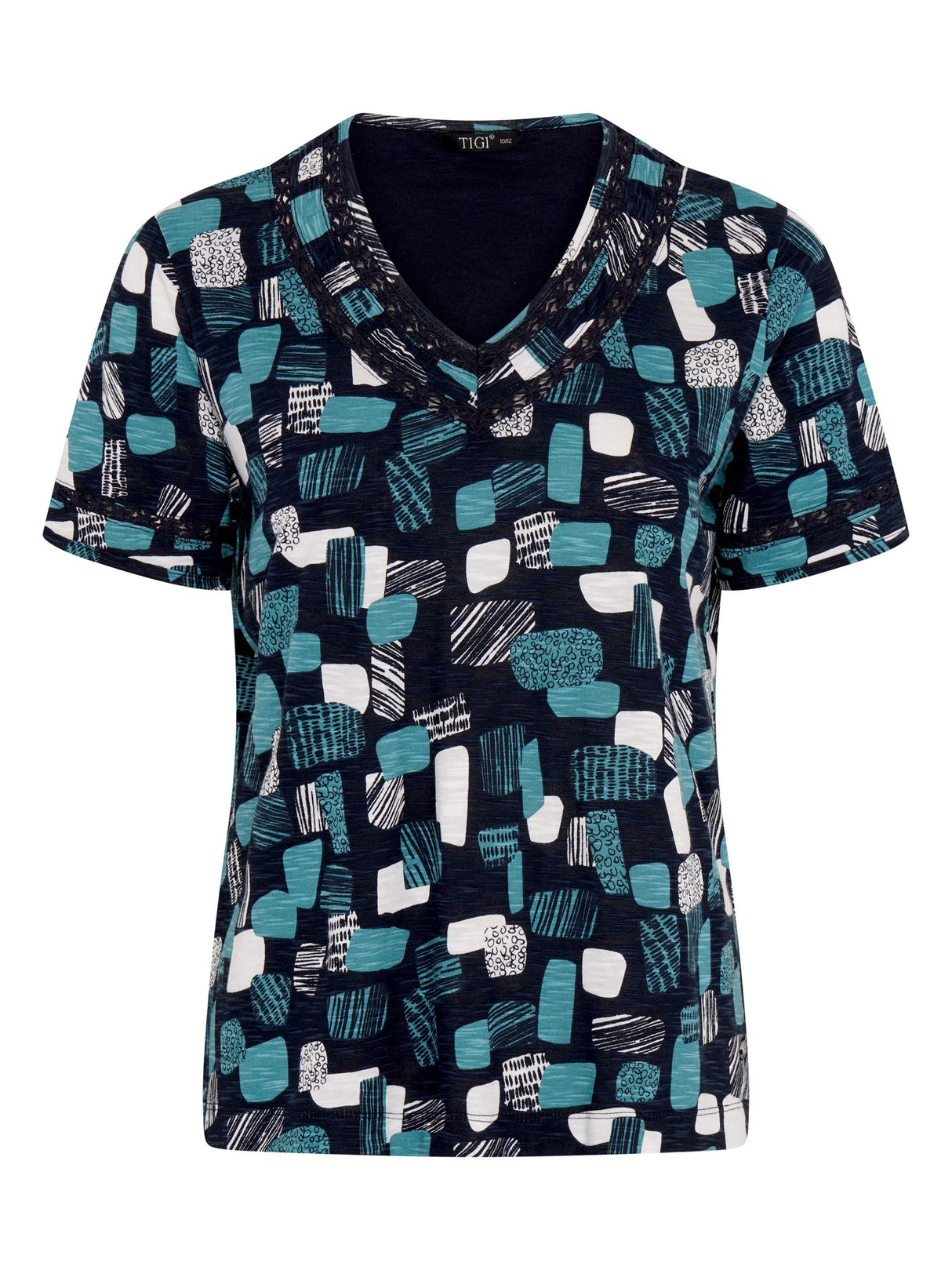 TIGI 18/20 Sea Green Mod Eco Print V Neck Top - T25 - 40C - Old Railway Line Garden Centre