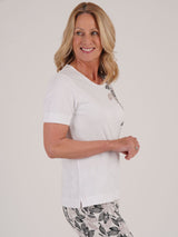 TIGI 18/20 White Crew Neck Leaf Print Placement Top - T25 - 42A - Old Railway Line Garden Centre