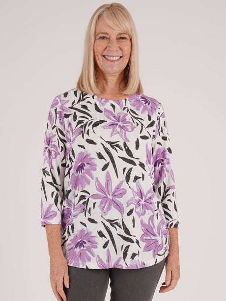 TIGI 22/24 Amethyst Floral Print Wide Rib Jersey - T25 - 32B - Old Railway Line Garden Centre