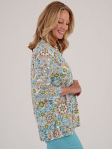 TIGI 22/24 Blue Mosaic Print Notch - neck Top - T25 - 42E - Old Railway Line Garden Centre