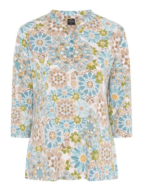 TIGI 22/24 Blue Mosaic Print Notch - neck Top - T25 - 42E - Old Railway Line Garden Centre