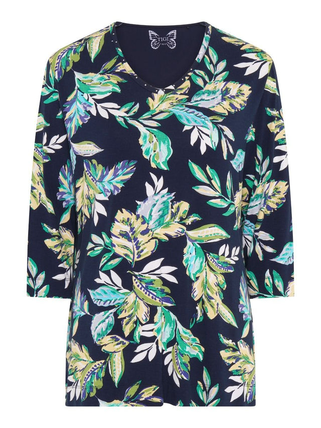 TIGI 22/24 Navy Rainforest All Over Print V Neck Top - T25 - 43A - Old Railway Line Garden Centre