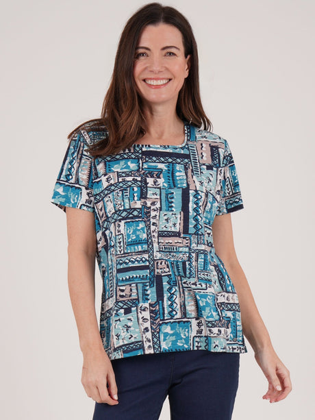TIGI 22/24 Sea Green Square Neck Patchwork Print Top - T25 - 40B - Old Railway Line Garden Centre