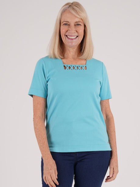 TIGI 22/24 Turquoise Trellis Square Neckline Top - T25 - 33B - Old Railway Line Garden Centre