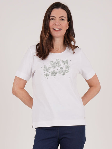 TIGI 22/24 White Butterfly Floral Embellished Top - T25 - 38D - Old Railway Line Garden Centre