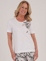 TIGI 22/24 White Leaf Print Placement Top - T25 - 42A - Old Railway Line Garden Centre