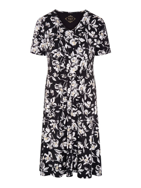 TIGI 8/10 Charcoal Floral All - Over - Print V Neck Dress - T25 - 31E - Old Railway Line Garden Centre