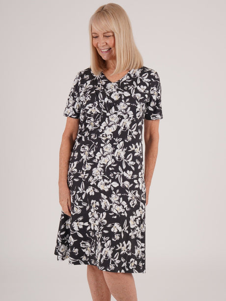 TIGI 8/10 Charcoal Floral All - Over - Print V Neck Dress - T25 - 31E - Old Railway Line Garden Centre