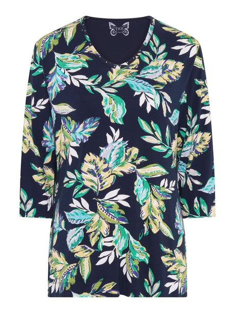 TIGI 8/10 Navy Rainforest All Over Print V Neck Top - T25 - 43A - Old Railway Line Garden Centre