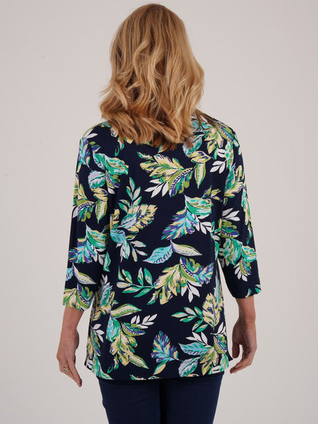 TIGI 8/10 Navy Rainforest All Over Print V Neck Top - T25 - 43A - Old Railway Line Garden Centre