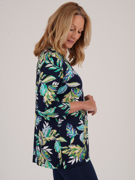 TIGI 8/10 Navy Rainforest All Over Print V Neck Top - T25 - 43A - Old Railway Line Garden Centre