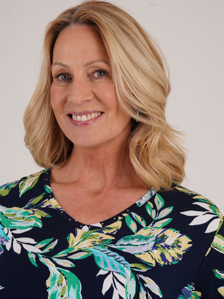 TIGI 8/10 Navy Rainforest All Over Print V Neck Top - T25 - 43A - Old Railway Line Garden Centre