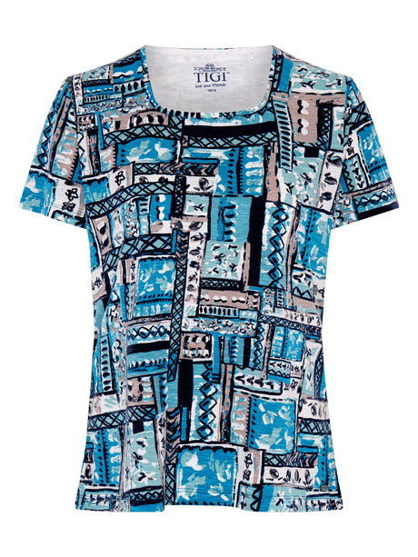 TIGI 8/10 Sea Green Square Neck Patchwork Print Top - T25 - 40B - Old Railway Line Garden Centre