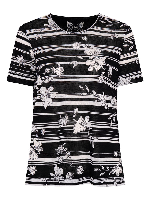 TIGI Black Mono Stripe Floral Top - T25 - 38B - Old Railway Line Garden Centre