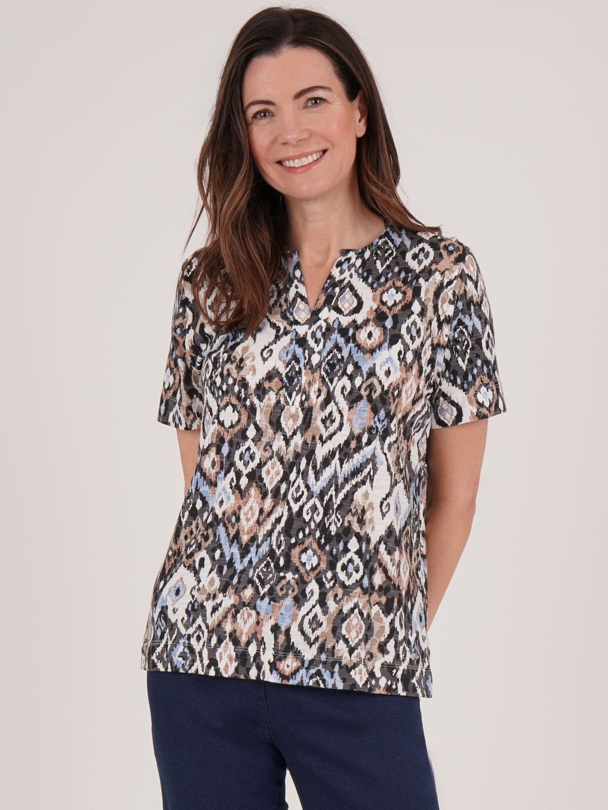 TIGI Black Tribal Ikat Print Notch Neckline Top - T25 - 36C - Old Railway Line Garden Centre
