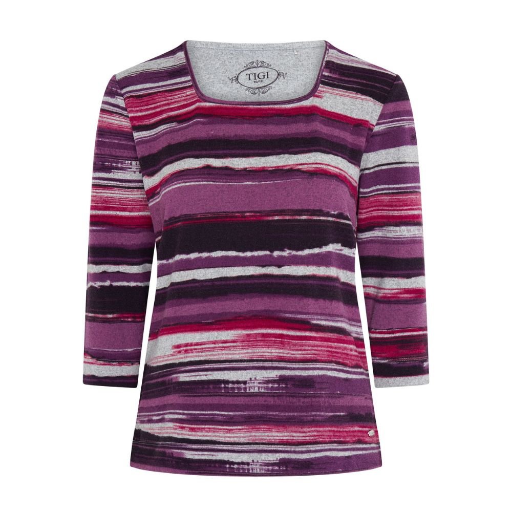 TIGI Painted Stripe Soft Square Neck Top - Pink - Old Railway Line Garden Centre
