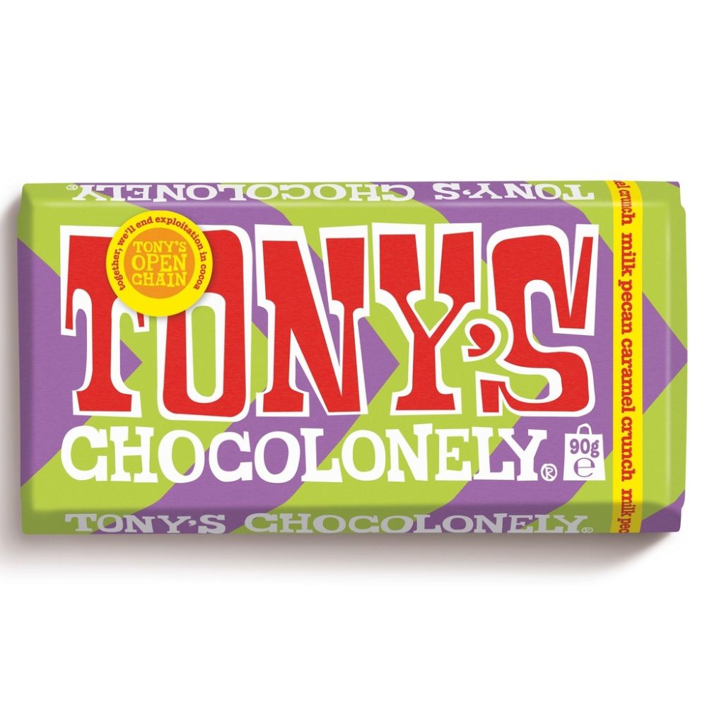 Tony's Chocolonely 90g Milk Chocolate, Peacan & Caramel Sea Salt Chocolate Bar